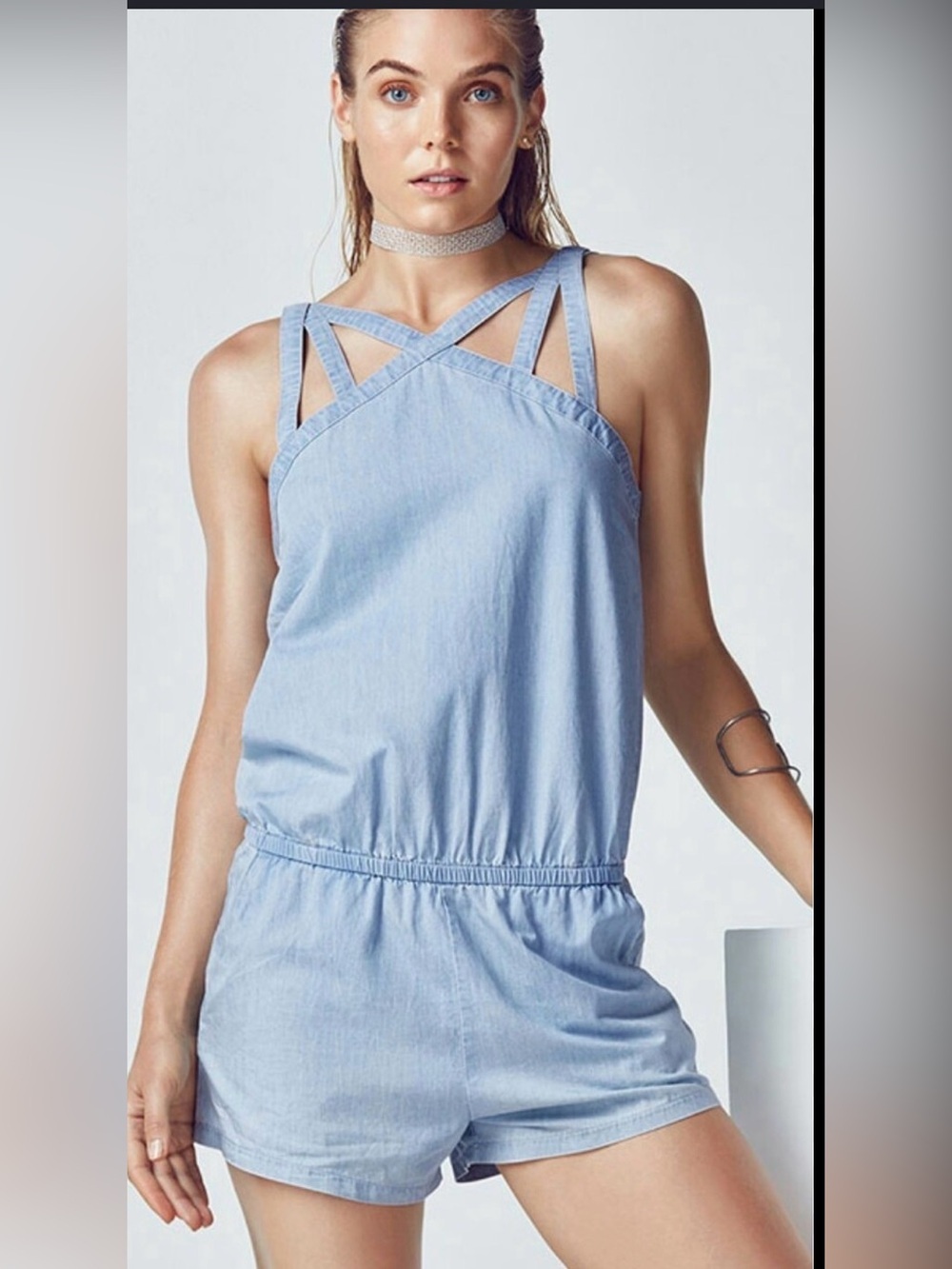 Fabletics Liza Chambray Romper Women's Size XS Light Wash Crossback Sleeveless - Picture 2 of 7